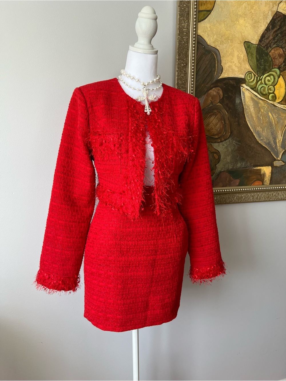 Endless Rose Red Feather Trim Tweed Crop Blazer & Mini Skirt Set Size Small $235 - Picture 9 of 16